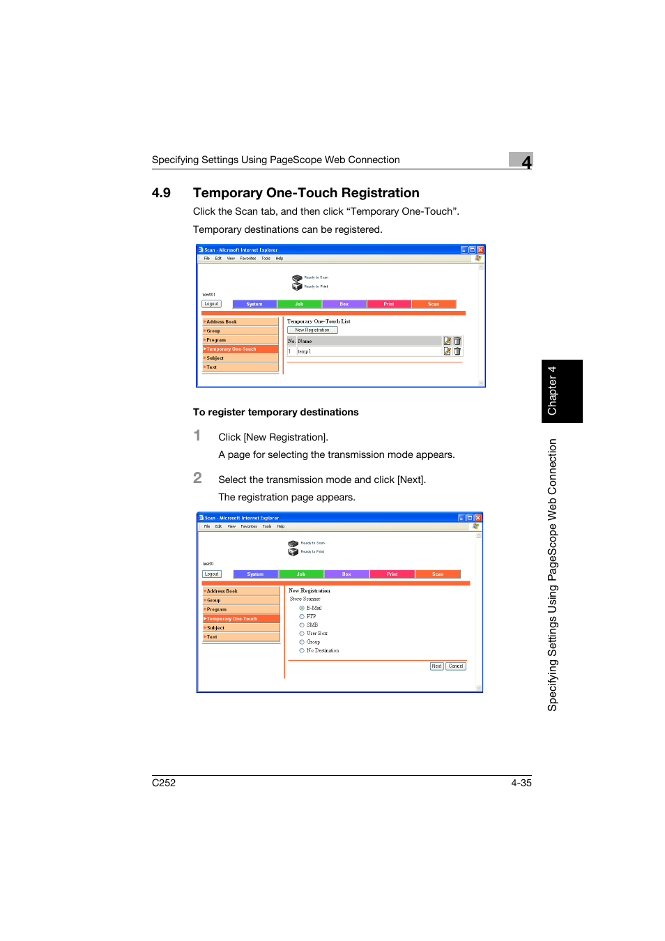 9 temporary one-touch registration, To register temporary destinations, Temporary one-touch registration -35 | To register temporary destinations -35 | Konica Minolta BIZHUB C252 User Manual | Page 294 / 396