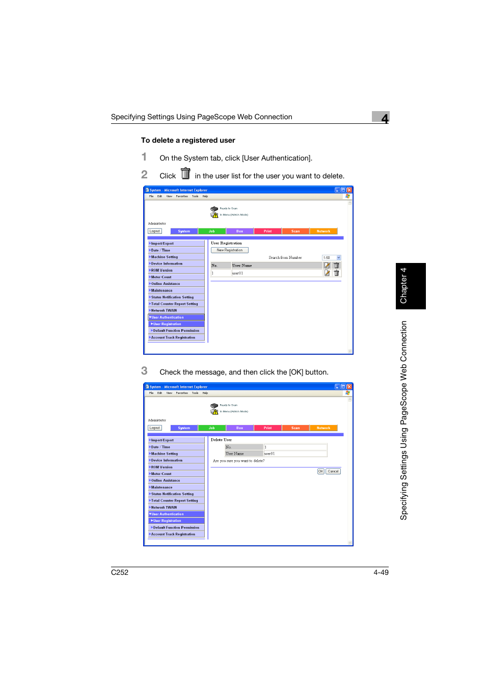 To delete a registered user, To delete a registered user -49 | Konica Minolta BIZHUB C252 User Manual | Page 308 / 396