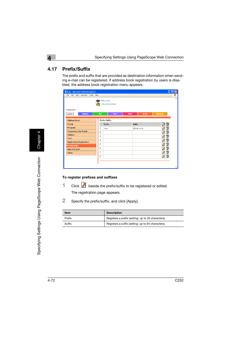 17 prefix/suffix, To register prefixes and suffixes, Prefix/suffix -72 | To register prefixes and suffixes -72 | Konica Minolta BIZHUB C252 User Manual | Page 331 / 396