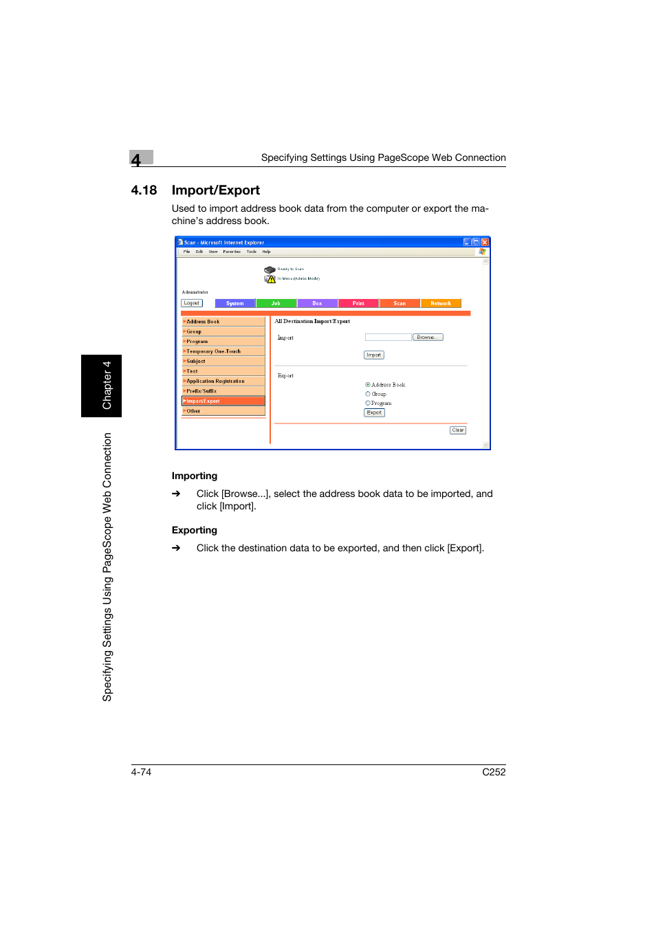 18 import/export, Importing, Exporting | Import/export -74, Importing -74 exporting -74 | Konica Minolta BIZHUB C252 User Manual | Page 333 / 396