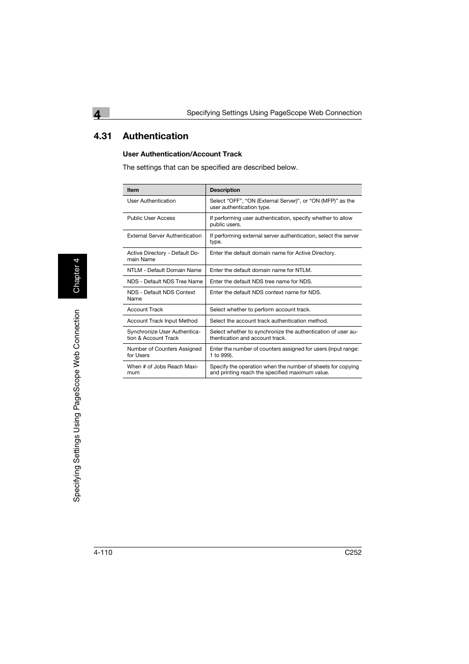 31 authentication, User authentication/account track, Authentication -110 | User authentication/account track -110 | Konica Minolta BIZHUB C252 User Manual | Page 369 / 396