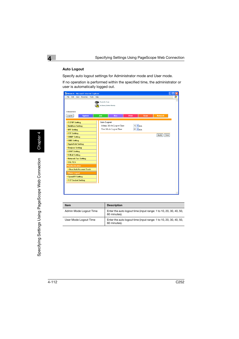 Auto logout, Auto logout -112 | Konica Minolta BIZHUB C252 User Manual | Page 371 / 396