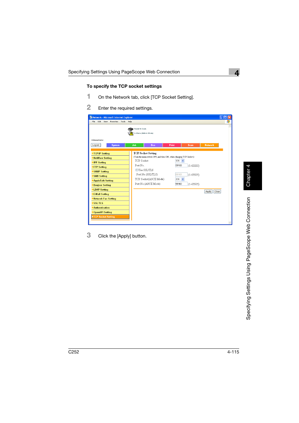 To specify the tcp socket settings, To specify the tcp socket settings -115 | Konica Minolta BIZHUB C252 User Manual | Page 374 / 396