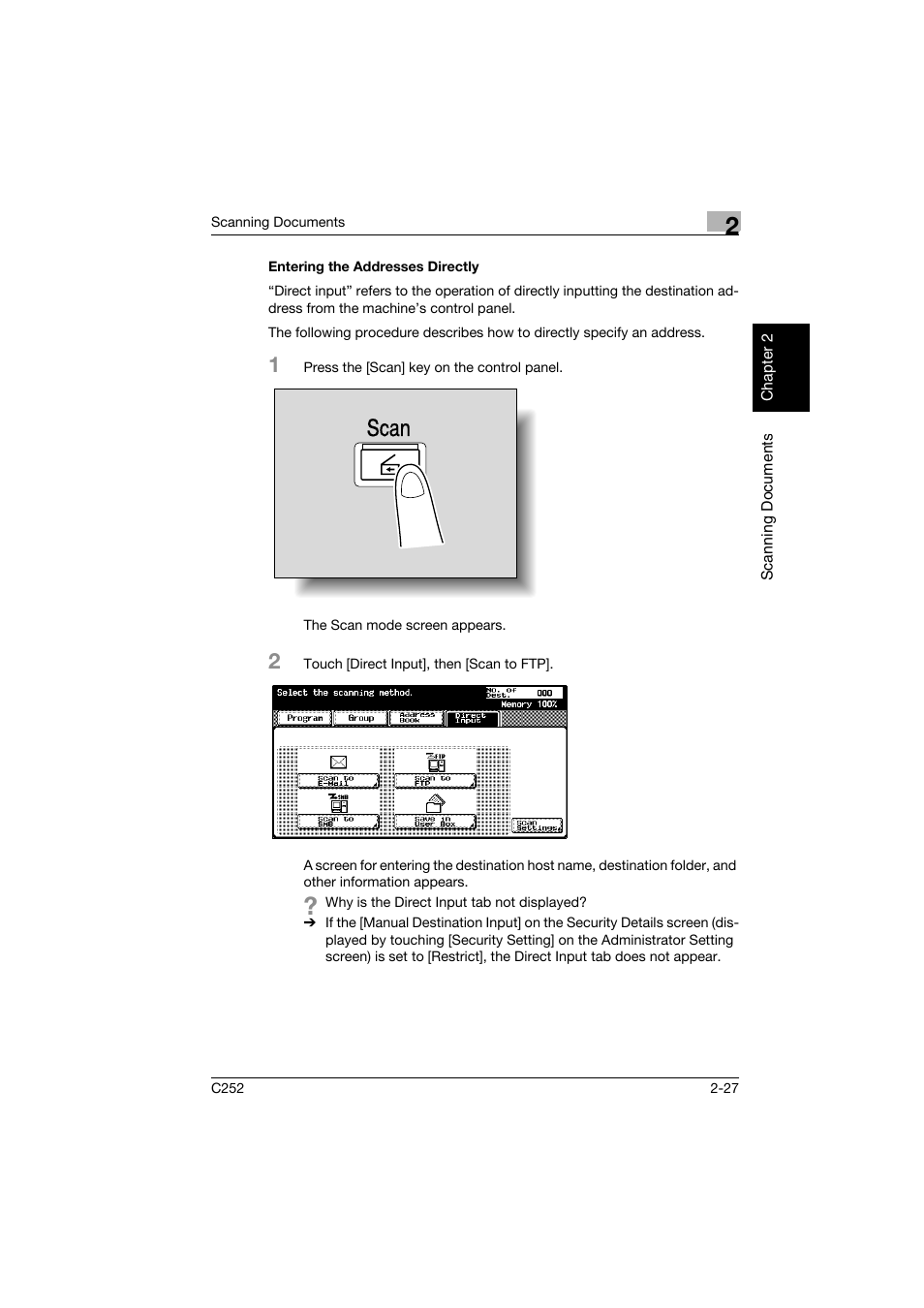 Entering the addresses directly, Entering the addresses directly -27, Scan | Konica Minolta BIZHUB C252 User Manual | Page 60 / 396