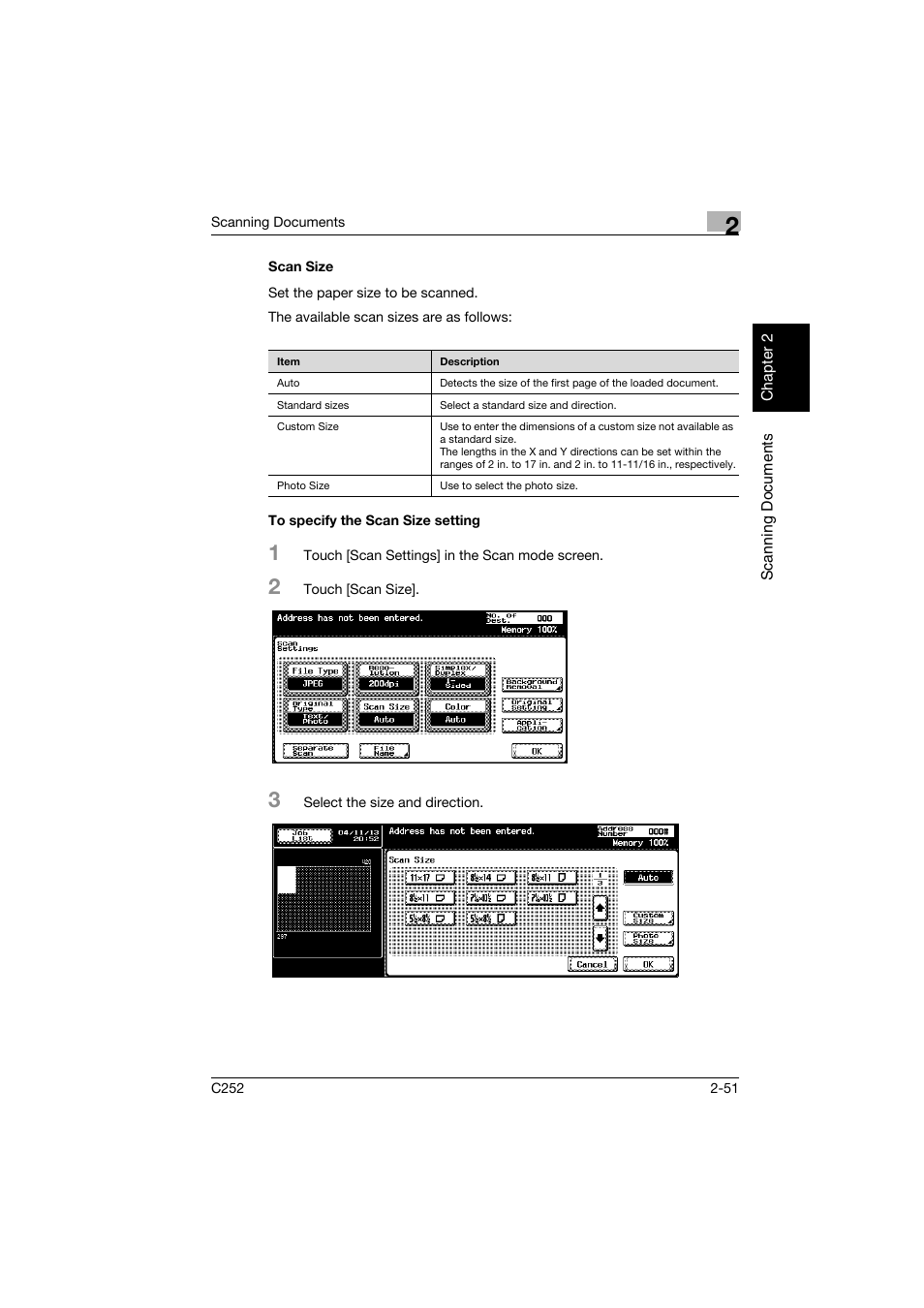 Scan size, To specify the scan size setting, Scan size -51 to specify the scan size setting -51 | Konica Minolta BIZHUB C252 User Manual | Page 84 / 396