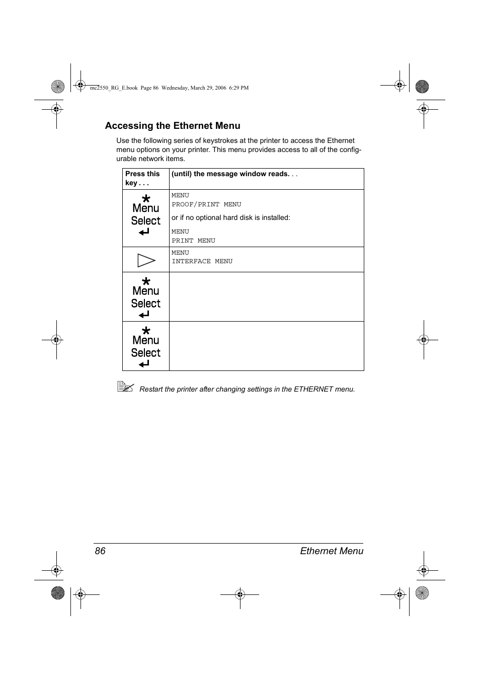 Accessing the ethernet menu, Accessing the ethernet menu 86 | Konica Minolta Magicolor 2550DN User Manual | Page 102 / 210