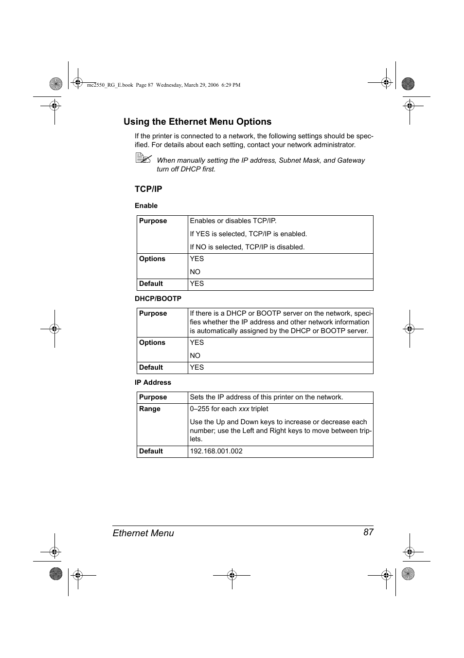 Using the ethernet menu options, Tcp/ip, Using the ethernet menu options 87 | Tcp/ip 87, Ethernet menu 87 using the ethernet menu options | Konica Minolta Magicolor 2550DN User Manual | Page 103 / 210