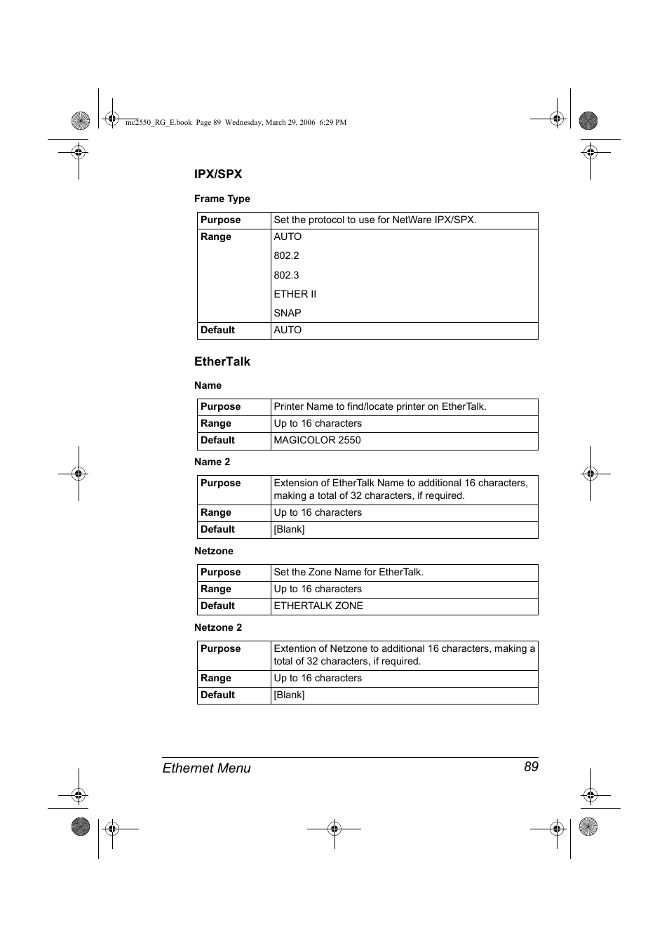 Ipx/spx, Ethertalk, Ipx/spx 89 ethertalk 89 | Ethernet menu 89 | Konica Minolta Magicolor 2550DN User Manual | Page 105 / 210