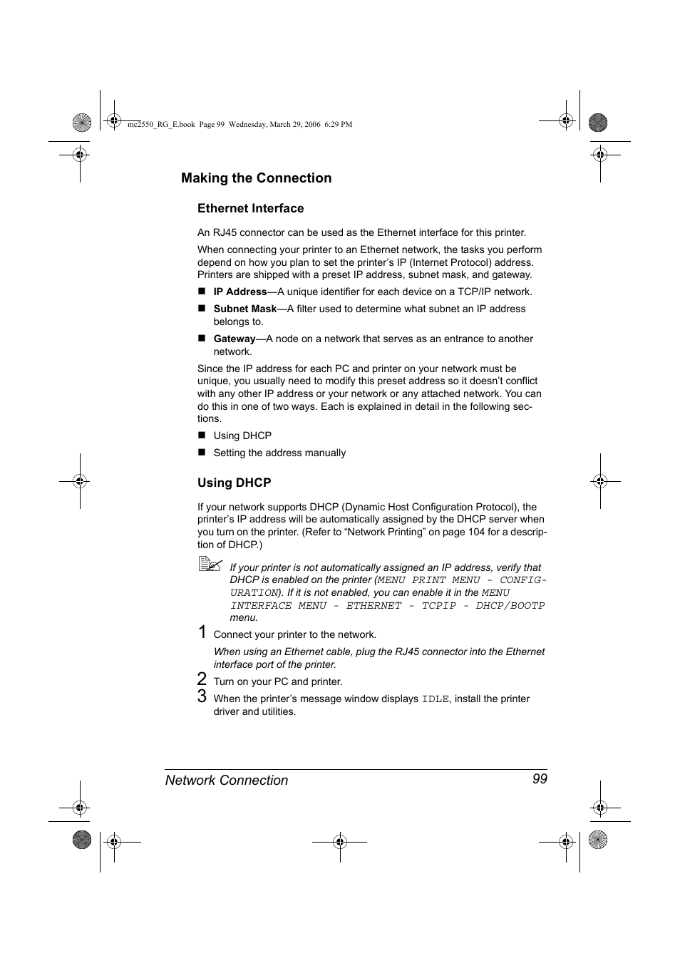 Making the connection, Ethernet interface, Using dhcp | Making the connection 99, Ethernet interface 99 using dhcp 99 | Konica Minolta Magicolor 2550DN User Manual | Page 115 / 210