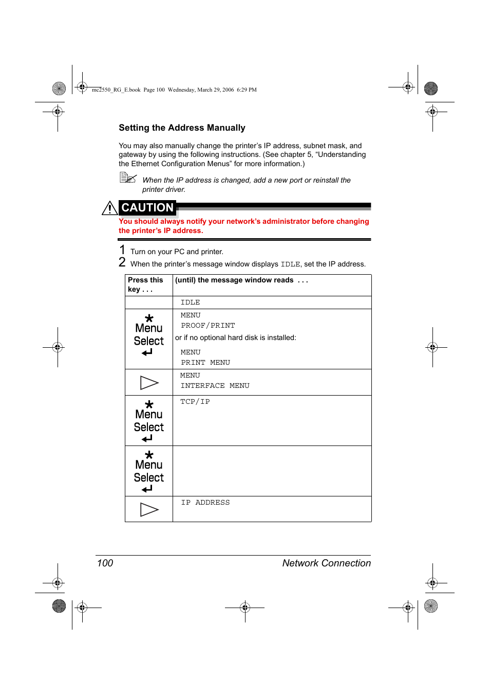 Setting the address manually, Setting the address manually 100, Caution | Konica Minolta Magicolor 2550DN User Manual | Page 116 / 210