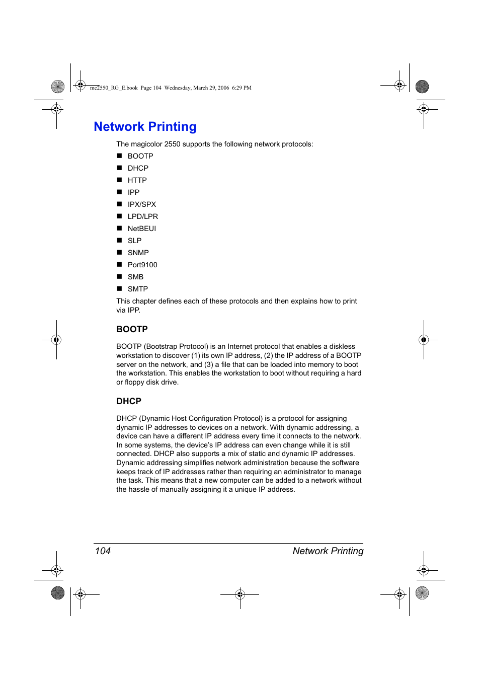 Network printing, Bootp, Dhcp | Network printing 104, Bootp 104, Dhcp 104 | Konica Minolta Magicolor 2550DN User Manual | Page 120 / 210