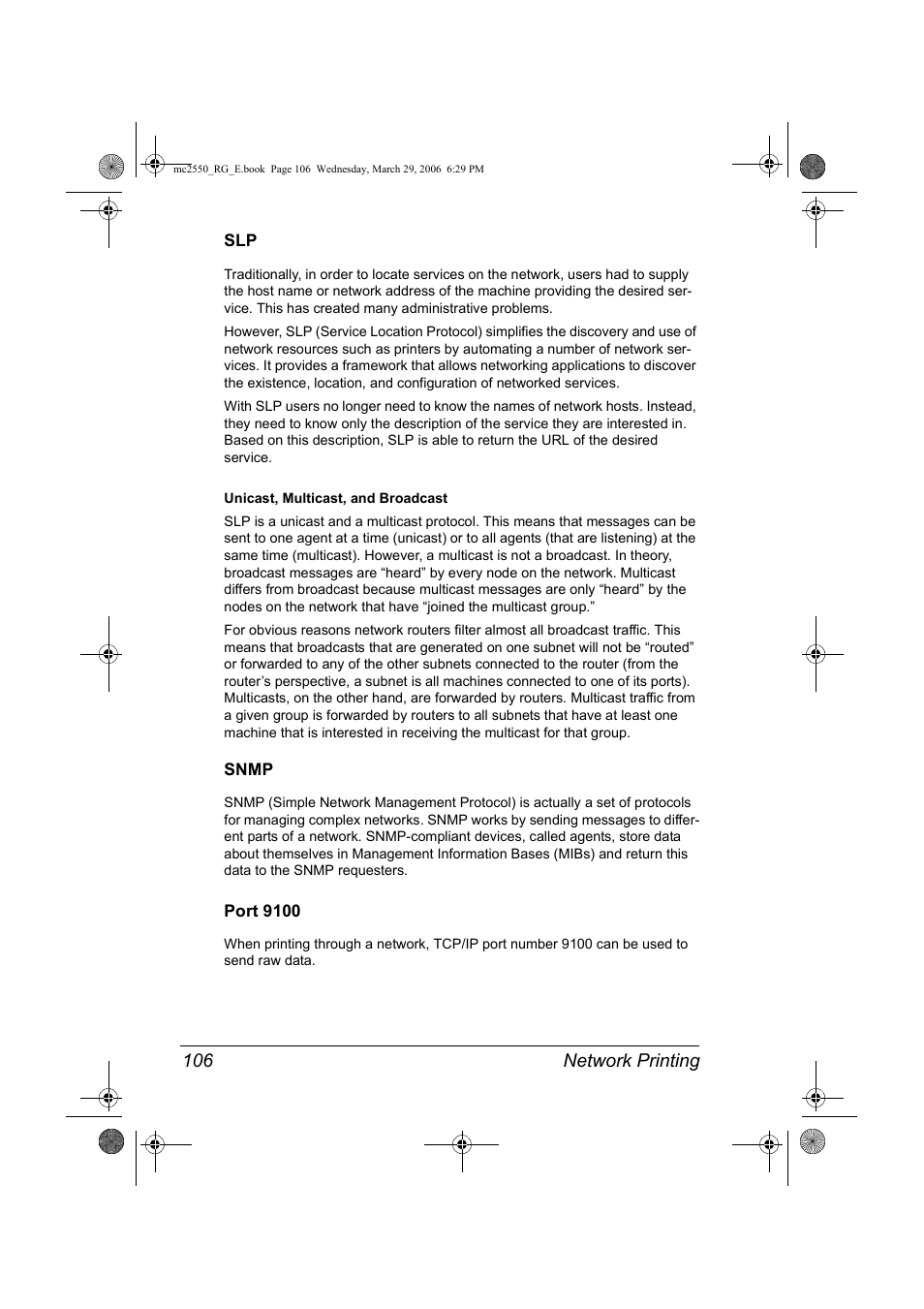 Snmp, Port 9100, Slp 106 snmp 106 port 9100 106 | Konica Minolta Magicolor 2550DN User Manual | Page 122 / 210