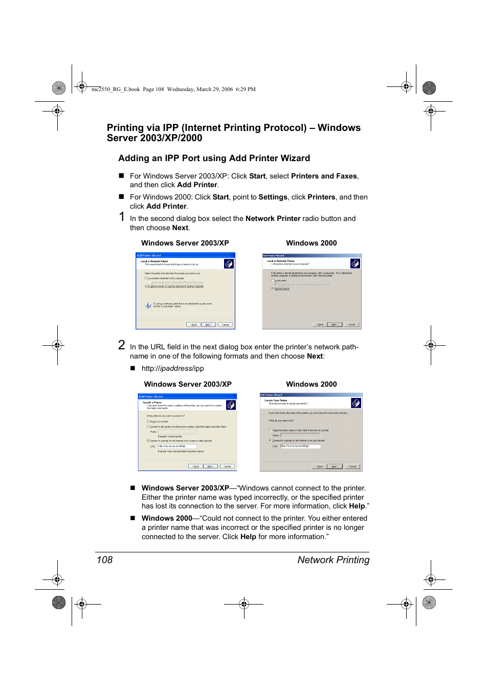 Adding an ipp port using add printer wizard, Adding an ipp port using add printer wizard 108 | Konica Minolta Magicolor 2550DN User Manual | Page 124 / 210