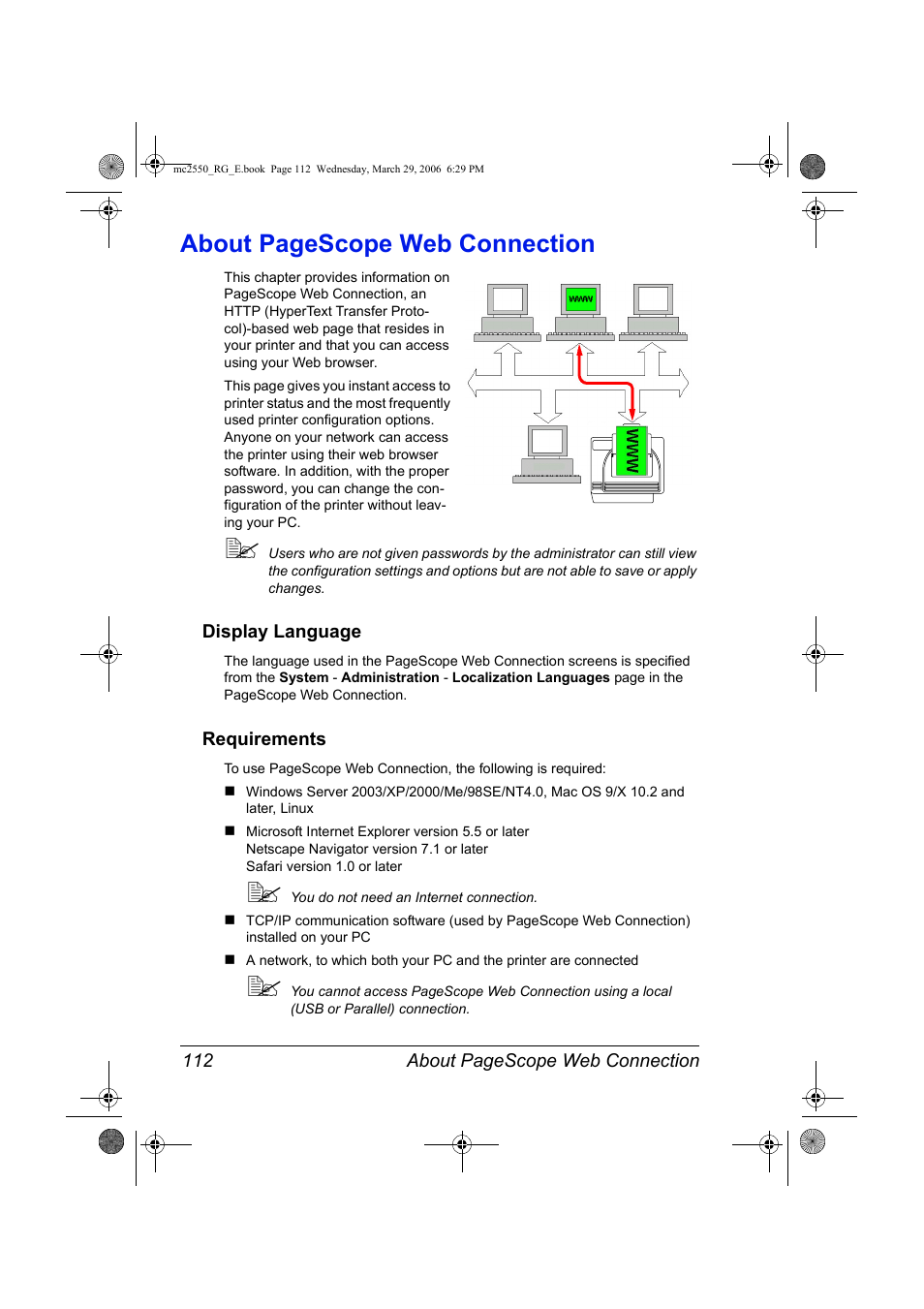 Display language, Requirements, Display language 112 requirements 112 | About pagescope web connection | Konica Minolta Magicolor 2550DN User Manual | Page 128 / 210