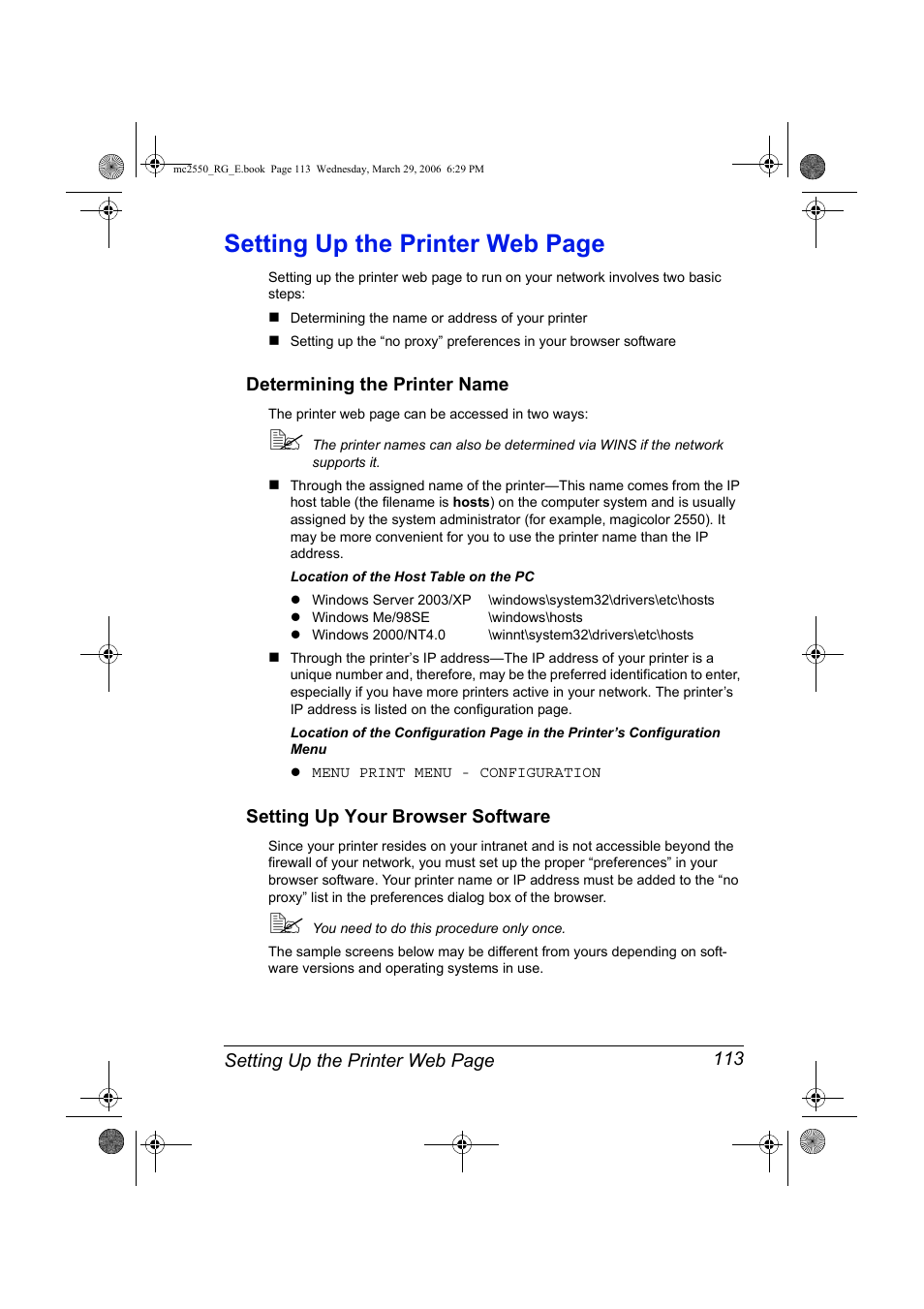 Determining the printer name, Setting up your browser software, Setting up the printer web page | Konica Minolta Magicolor 2550DN User Manual | Page 129 / 210