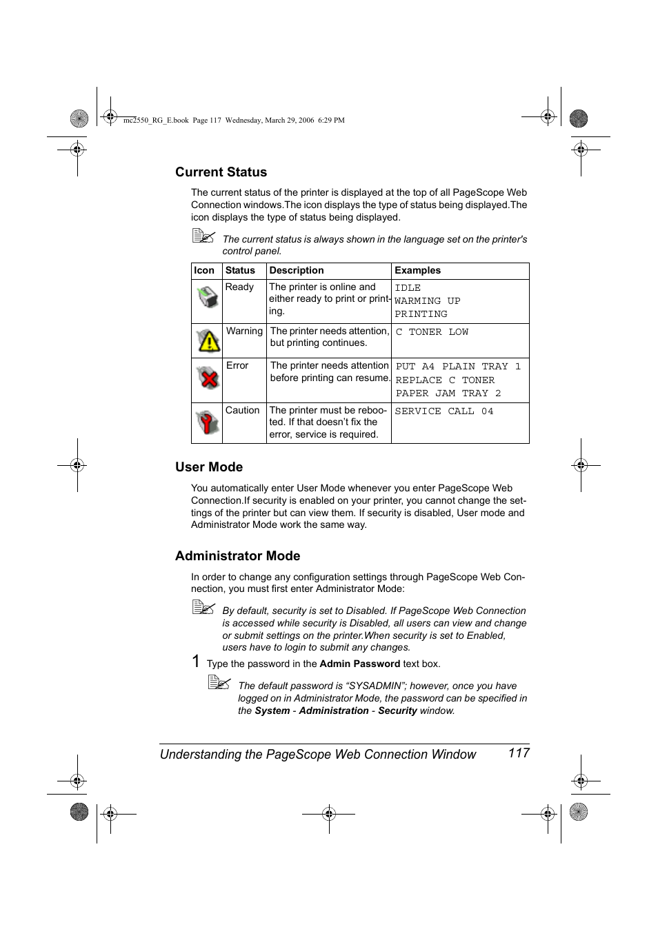 Current status, User mode, Administrator mode | Konica Minolta Magicolor 2550DN User Manual | Page 133 / 210