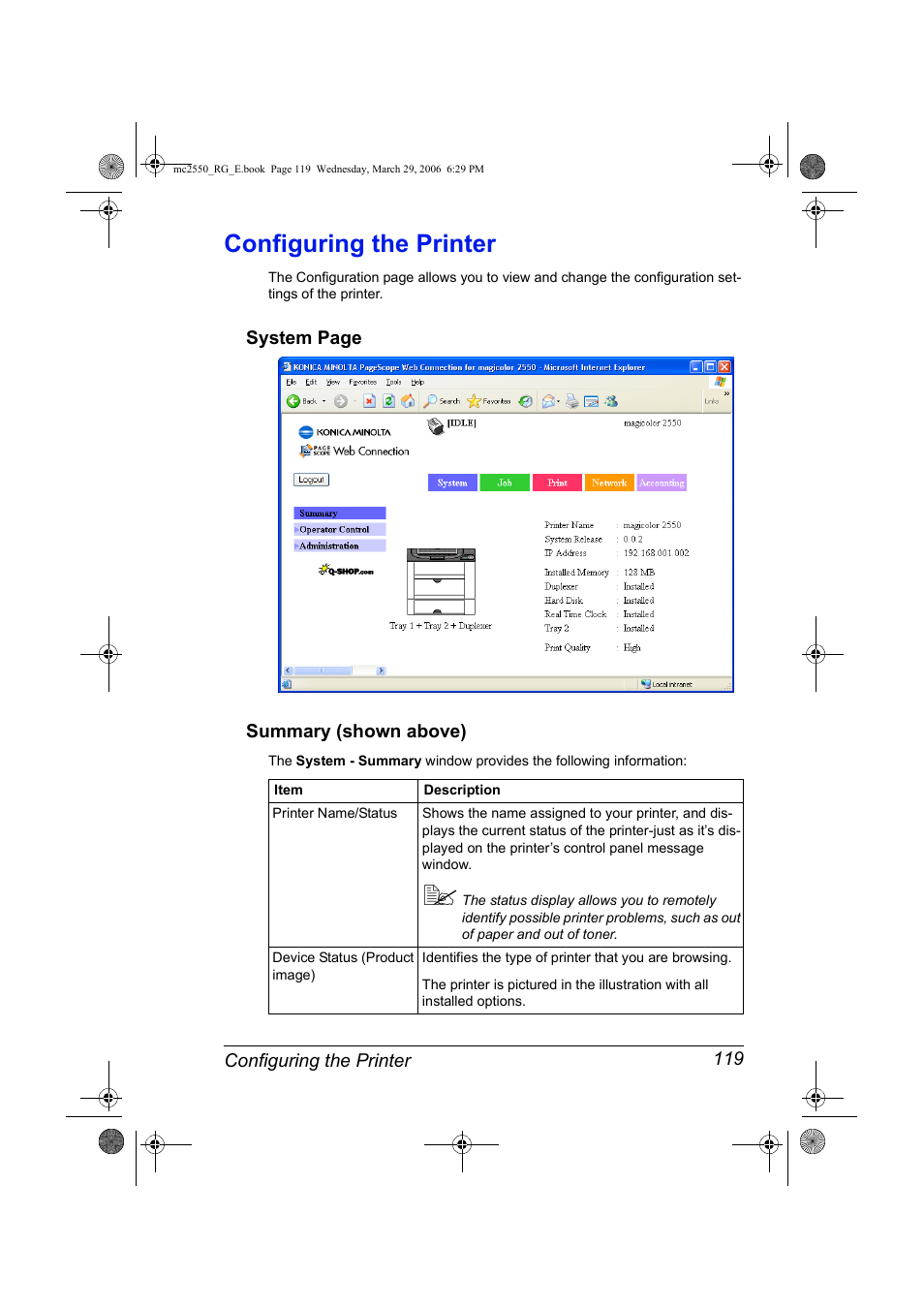 Configuring the printer, Summary (shown above), Configuring the printer 119 | Konica Minolta Magicolor 2550DN User Manual | Page 135 / 210