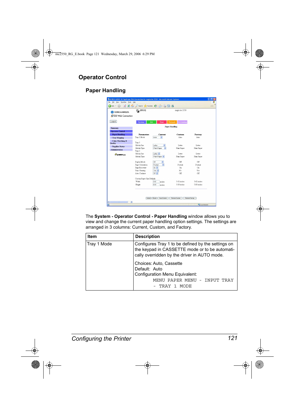 Operator control, Paper handling, Operator control 121 | Paper handling 121, Configuring the printer 121 operator control | Konica Minolta Magicolor 2550DN User Manual | Page 137 / 210