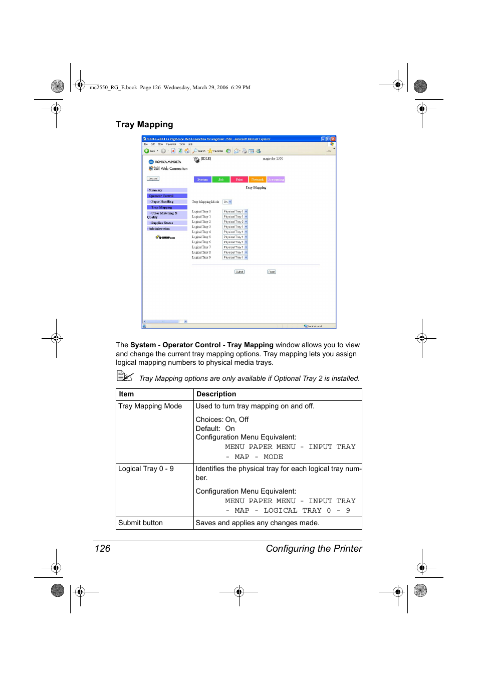Tray mapping, Tray mapping 126, Configuring the printer 126 | Konica Minolta Magicolor 2550DN User Manual | Page 142 / 210