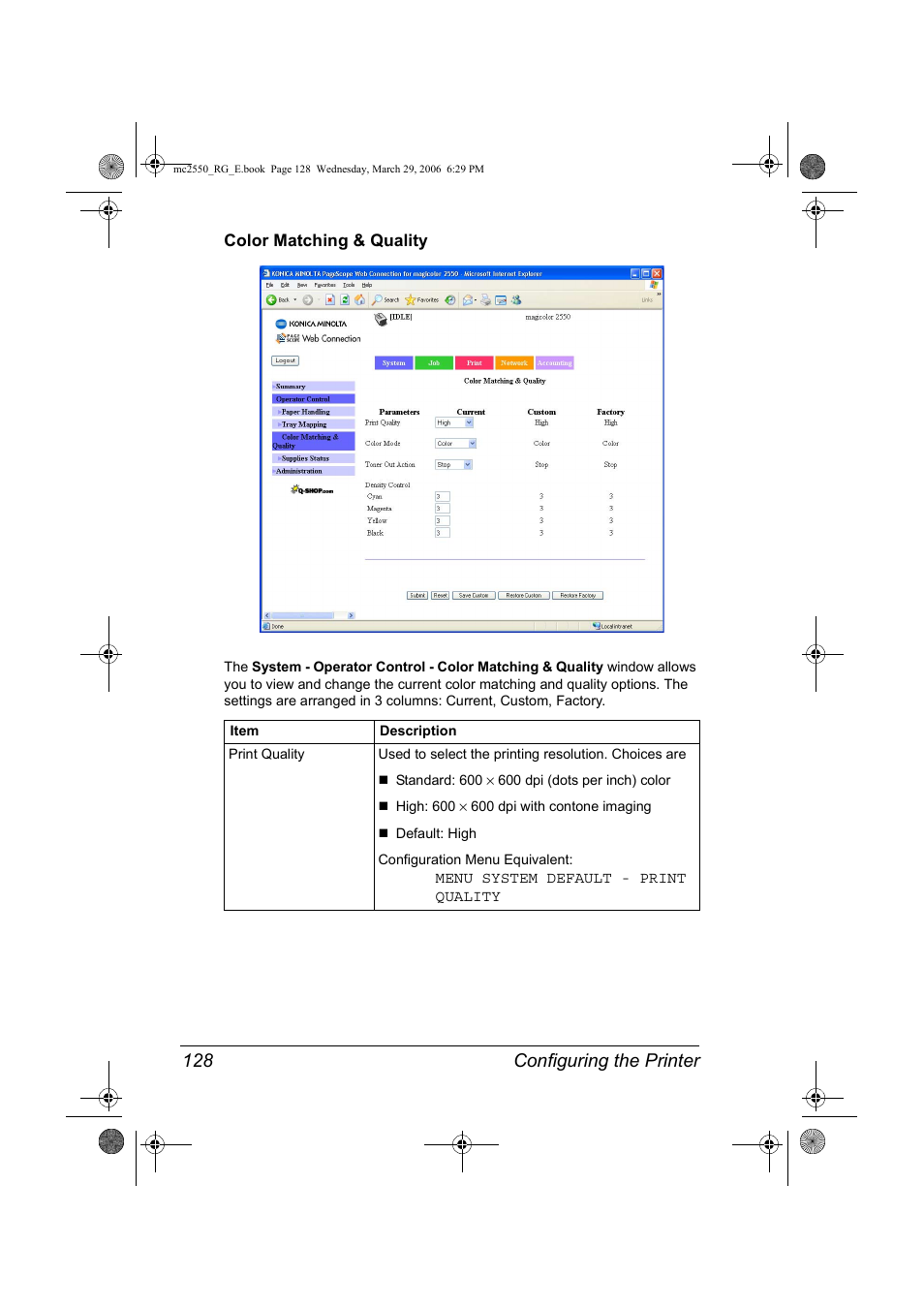 Color matching & quality, Color matching & quality 128, Configuring the printer 128 | Konica Minolta Magicolor 2550DN User Manual | Page 144 / 210