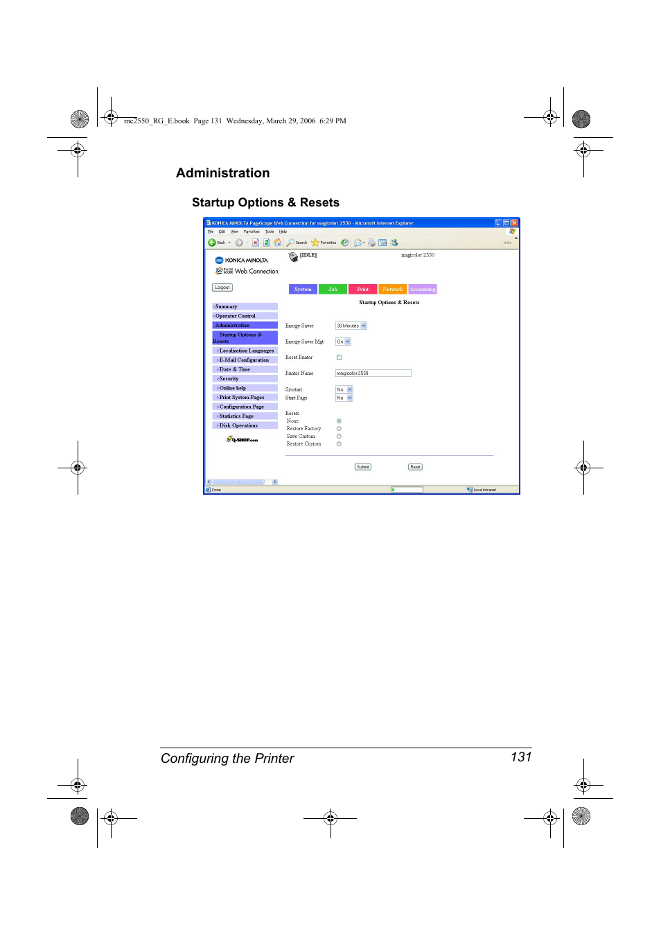Administration, Startup options & resets, Administration 131 | Startup options & resets 131 | Konica Minolta Magicolor 2550DN User Manual | Page 147 / 210