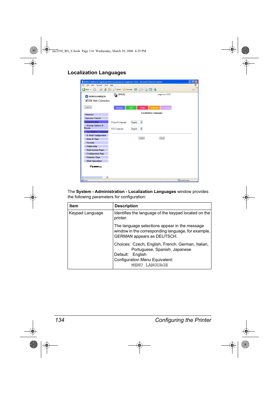 Localization languages, Localization languages 134, Configuring the printer 134 | Konica Minolta Magicolor 2550DN User Manual | Page 150 / 210