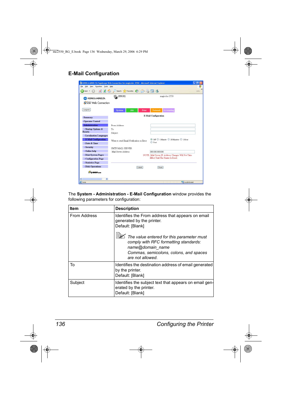 E-mail configuration, E-mail configuration 136 | Konica Minolta Magicolor 2550DN User Manual | Page 152 / 210