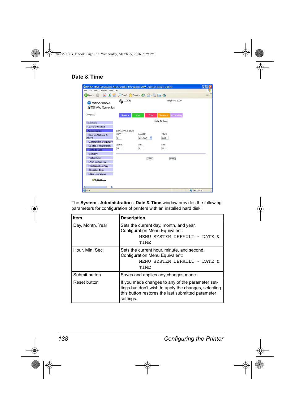 Date & time, Date & time 138, Configuring the printer 138 | Konica Minolta Magicolor 2550DN User Manual | Page 154 / 210