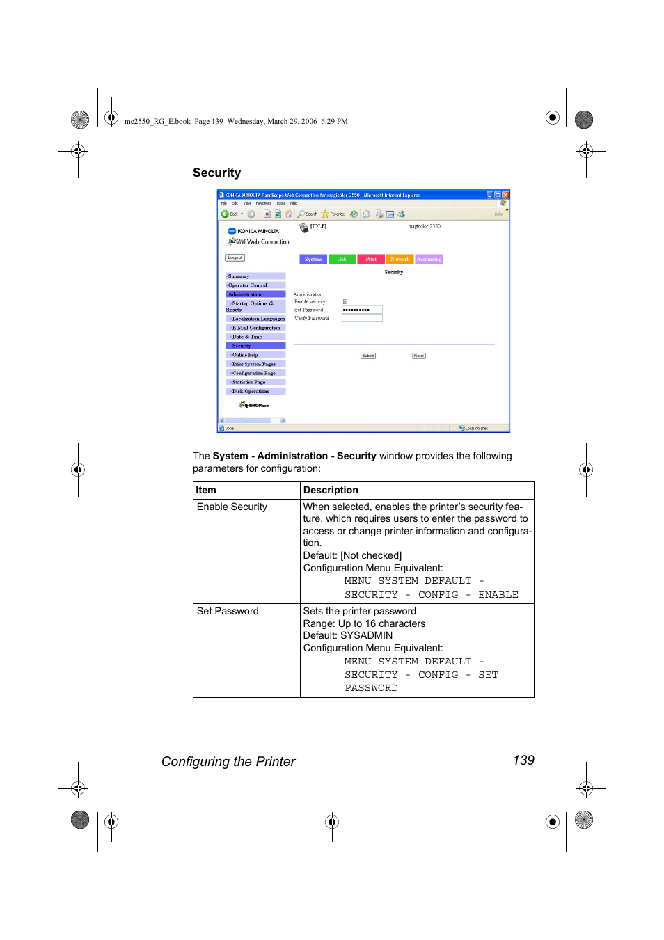 Security, Security 139, Configuring the printer 139 | Konica Minolta Magicolor 2550DN User Manual | Page 155 / 210