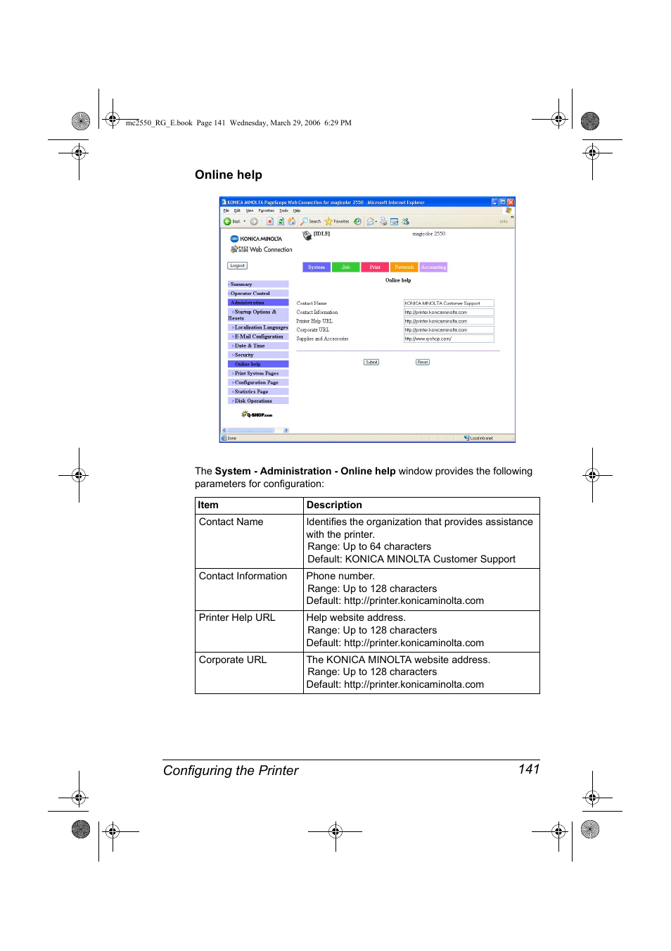 Online help, Online help 141, Configuring the printer 141 | Konica Minolta Magicolor 2550DN User Manual | Page 157 / 210