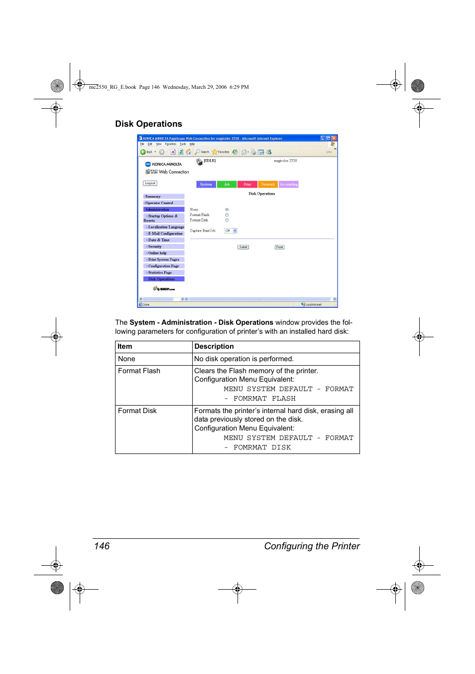 Disk operations, Disk operations 146, Configuring the printer 146 | Konica Minolta Magicolor 2550DN User Manual | Page 162 / 210