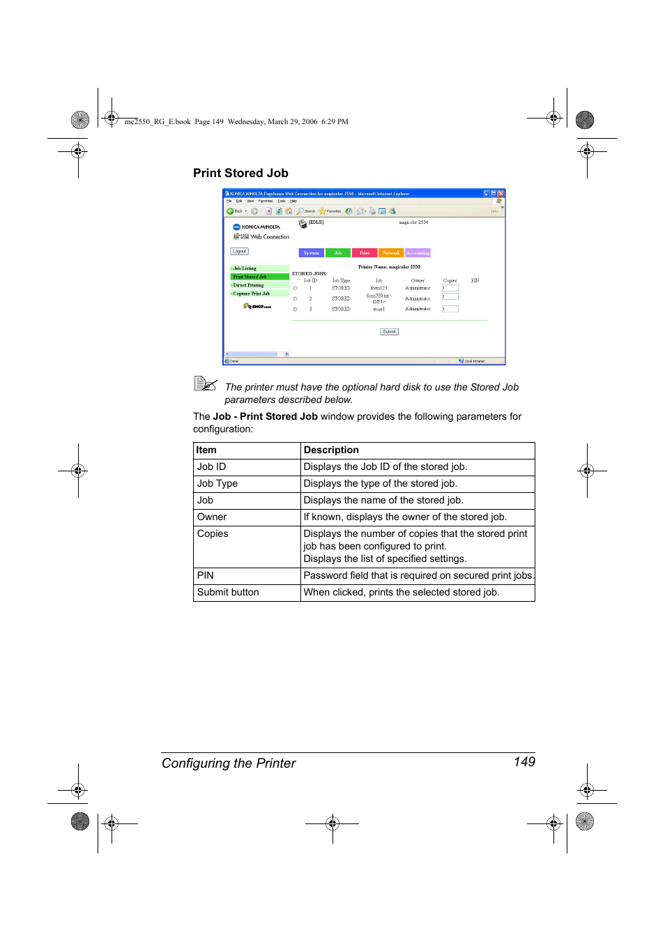 Print stored job, Print stored job 149, Configuring the printer 149 | Konica Minolta Magicolor 2550DN User Manual | Page 165 / 210