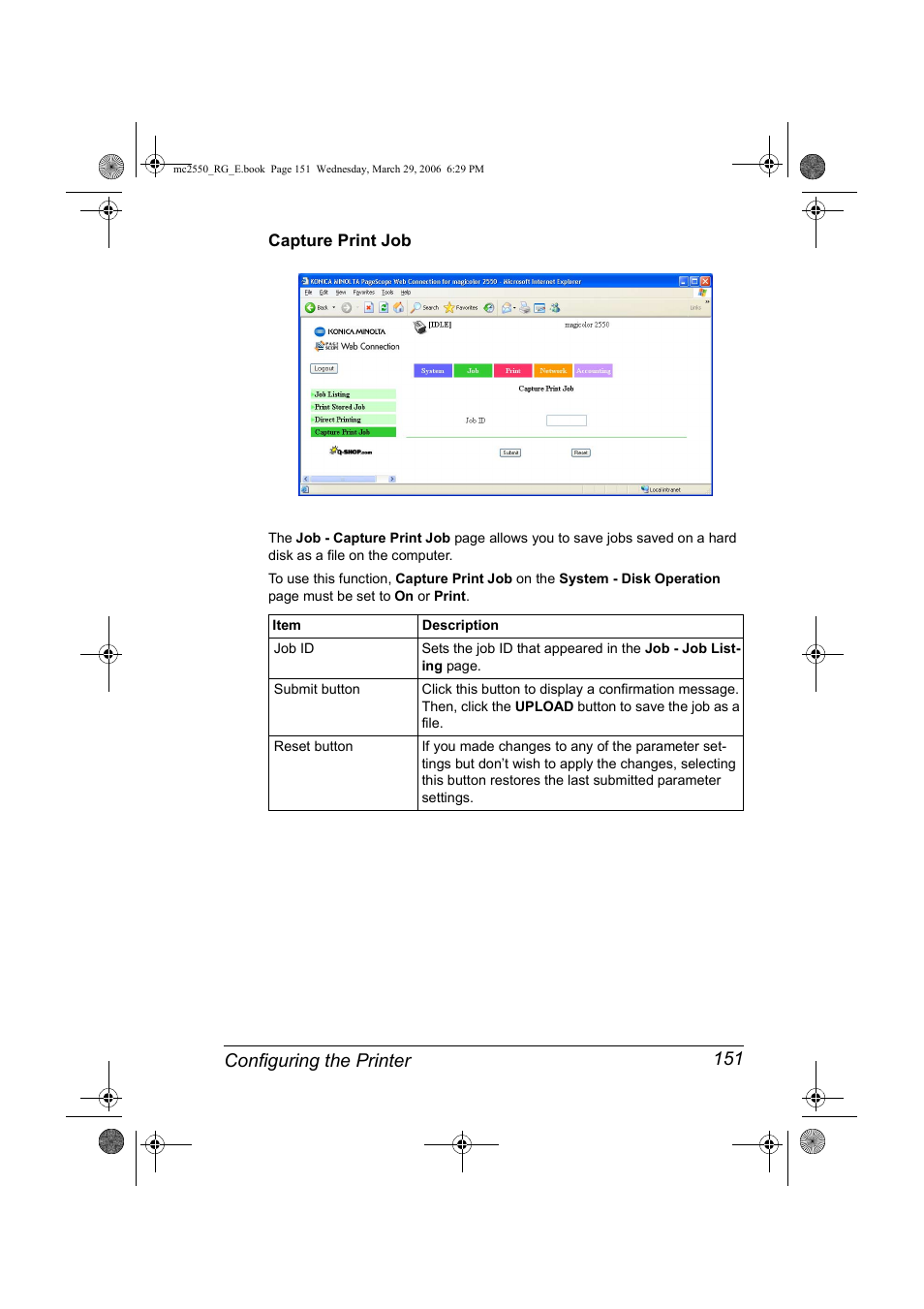 Capture print job, Capture print job 151, Configuring the printer 151 | Konica Minolta Magicolor 2550DN User Manual | Page 167 / 210