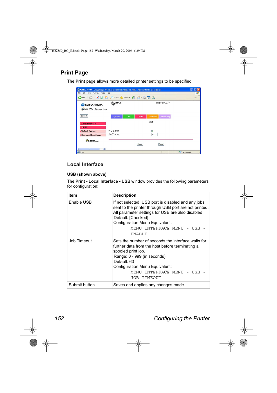 Local interface, Local interface 152, Configuring the printer 152 print page | Konica Minolta Magicolor 2550DN User Manual | Page 168 / 210