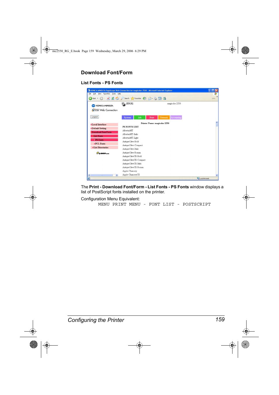 Download font/form, Download font/form 159 | Konica Minolta Magicolor 2550DN User Manual | Page 175 / 210