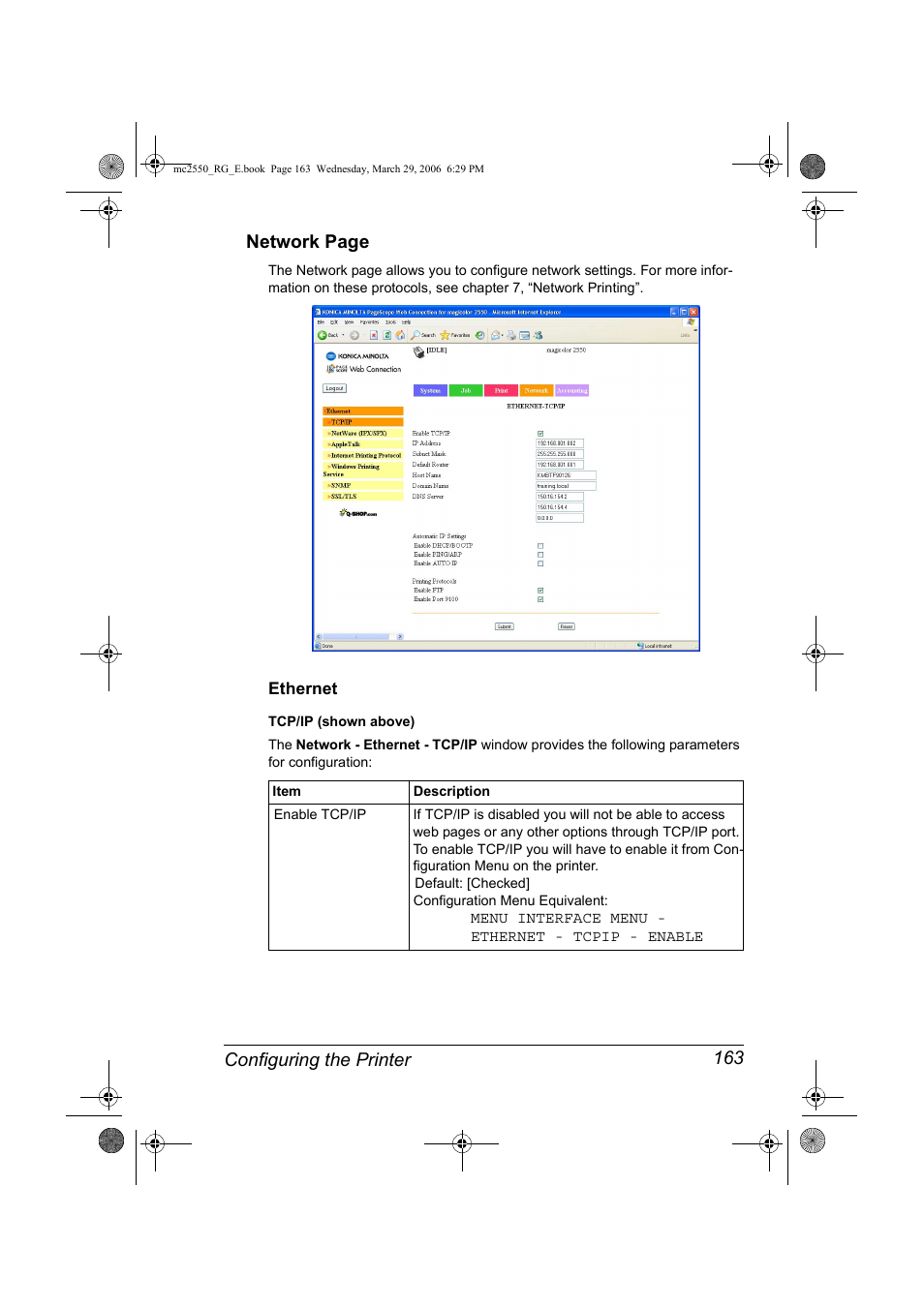 Ethernet, Ethernet 163, Configuring the printer 163 network page | Konica Minolta Magicolor 2550DN User Manual | Page 179 / 210