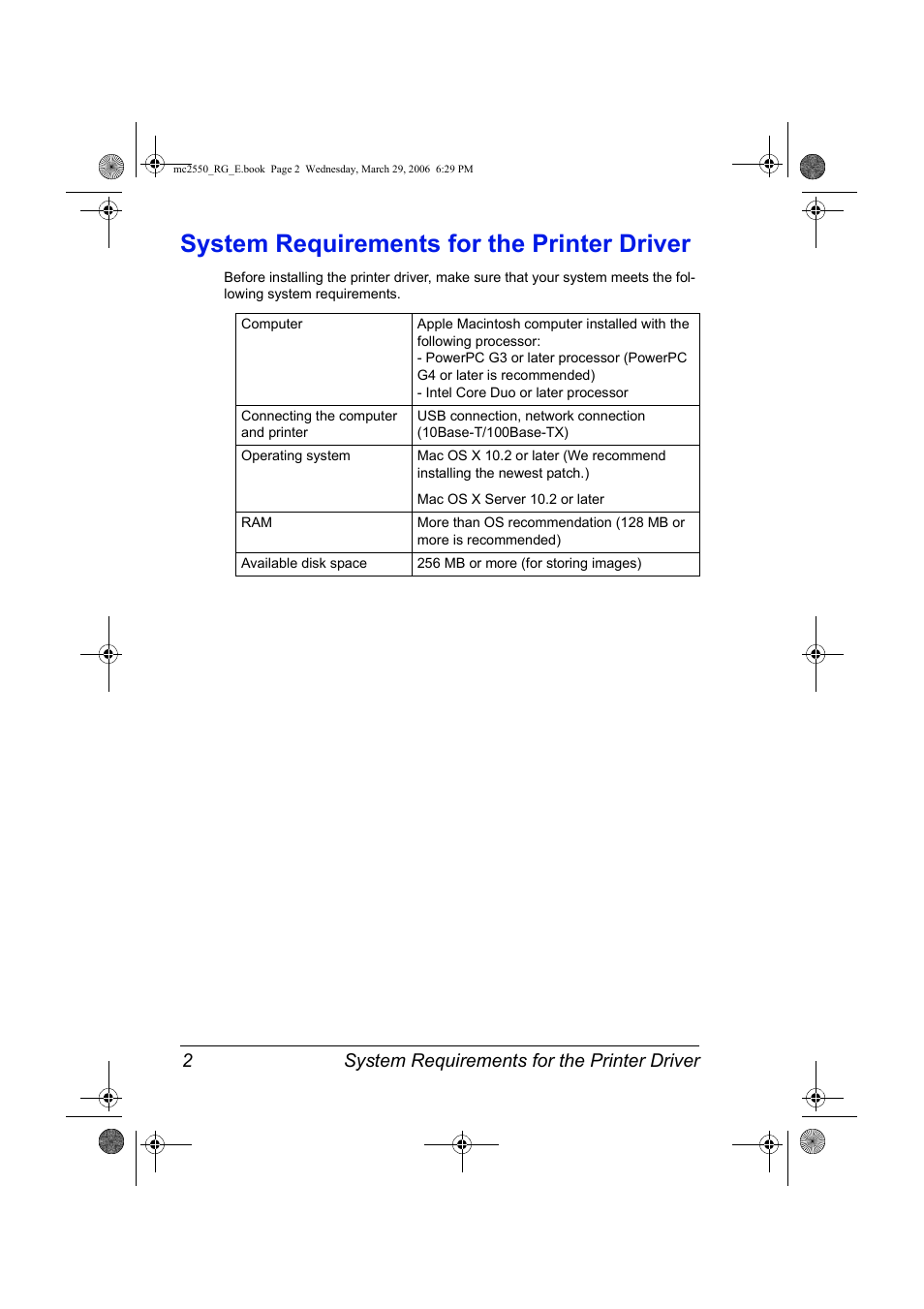 System requirements for the printer driver, System requirements for the printer driver 2 | Konica Minolta Magicolor 2550DN User Manual | Page 18 / 210