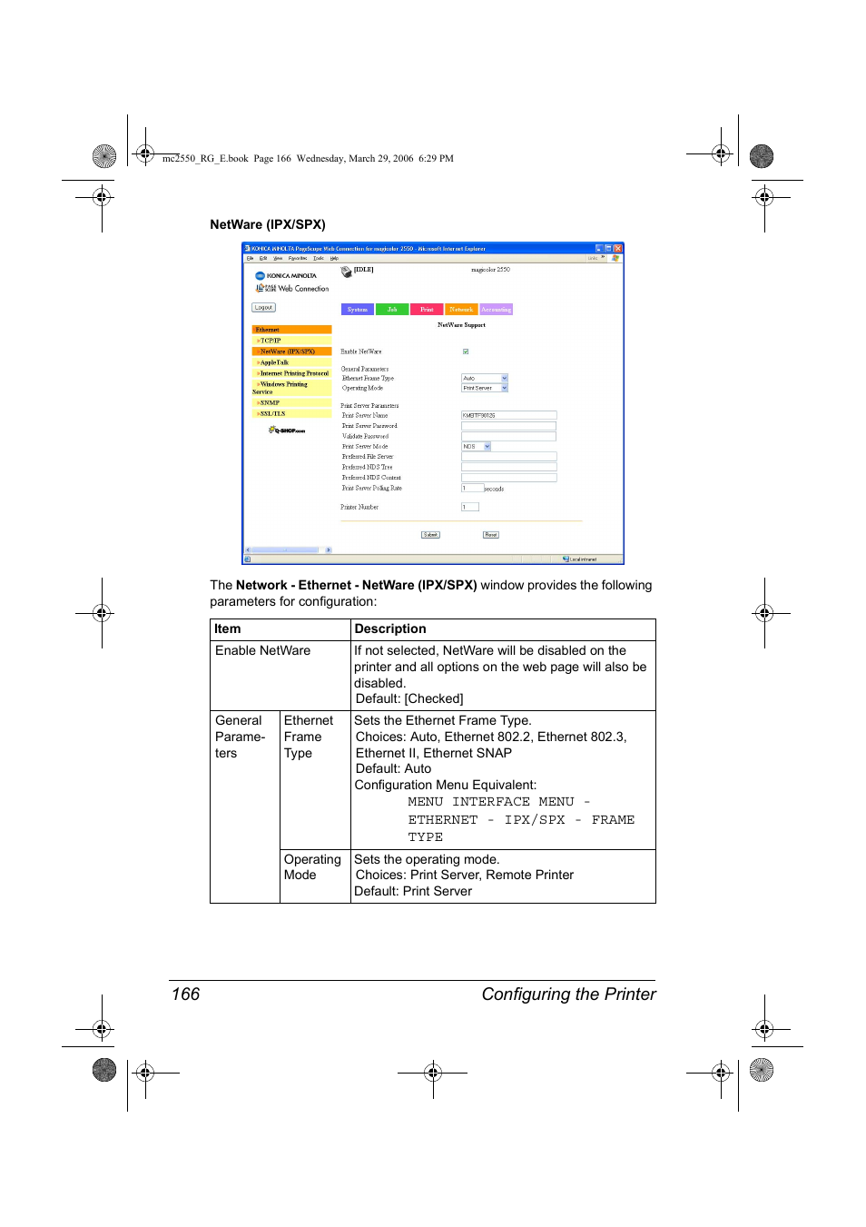 Configuring the printer 166 | Konica Minolta Magicolor 2550DN User Manual | Page 182 / 210