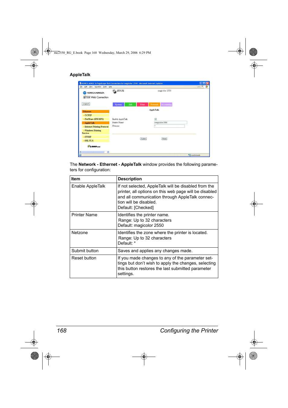 Configuring the printer 168 | Konica Minolta Magicolor 2550DN User Manual | Page 184 / 210