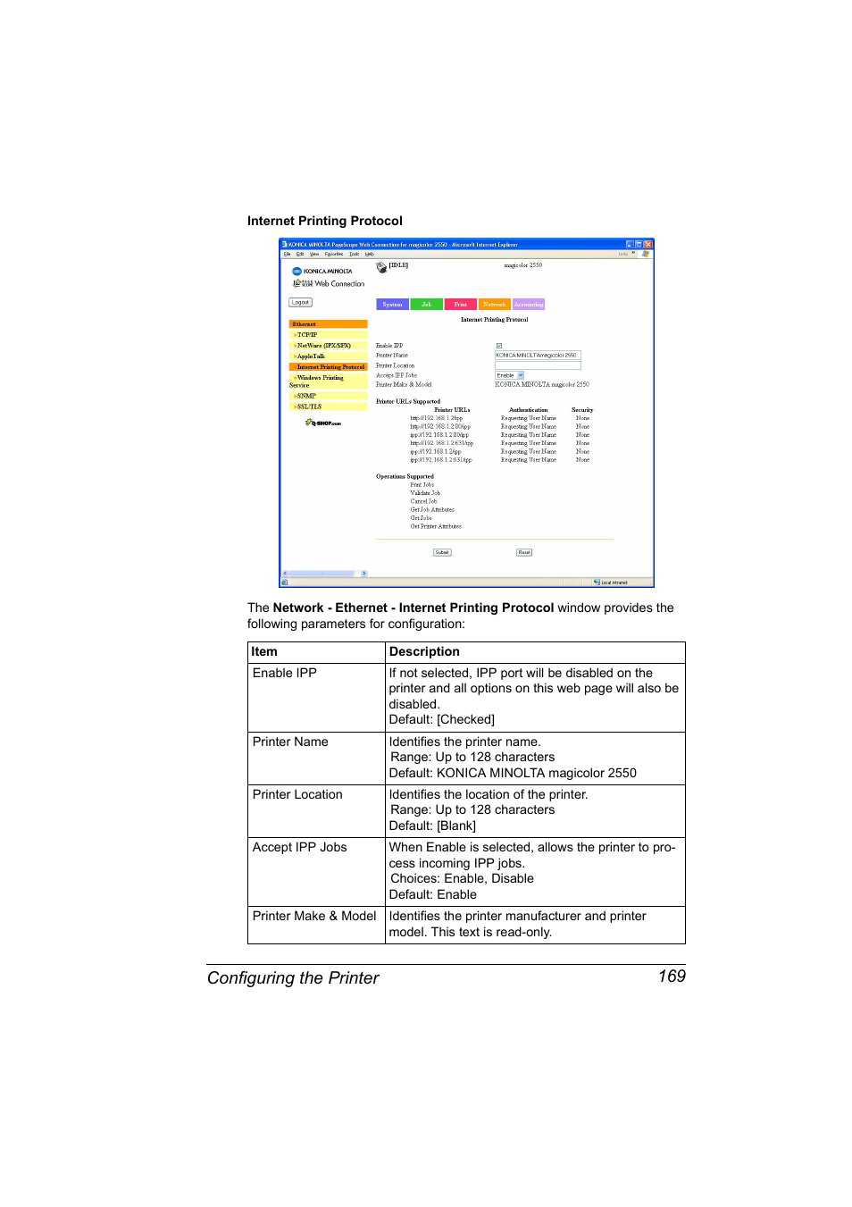 Configuring the printer 169 | Konica Minolta Magicolor 2550DN User Manual | Page 185 / 210