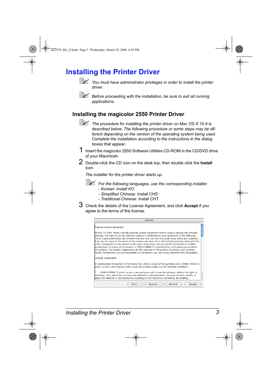 Installing the printer driver, Installing the magicolor 2550 printer driver, Installing the printer driver 3 | Installing the magicolor 2550 printer driver 3 | Konica Minolta Magicolor 2550DN User Manual | Page 19 / 210