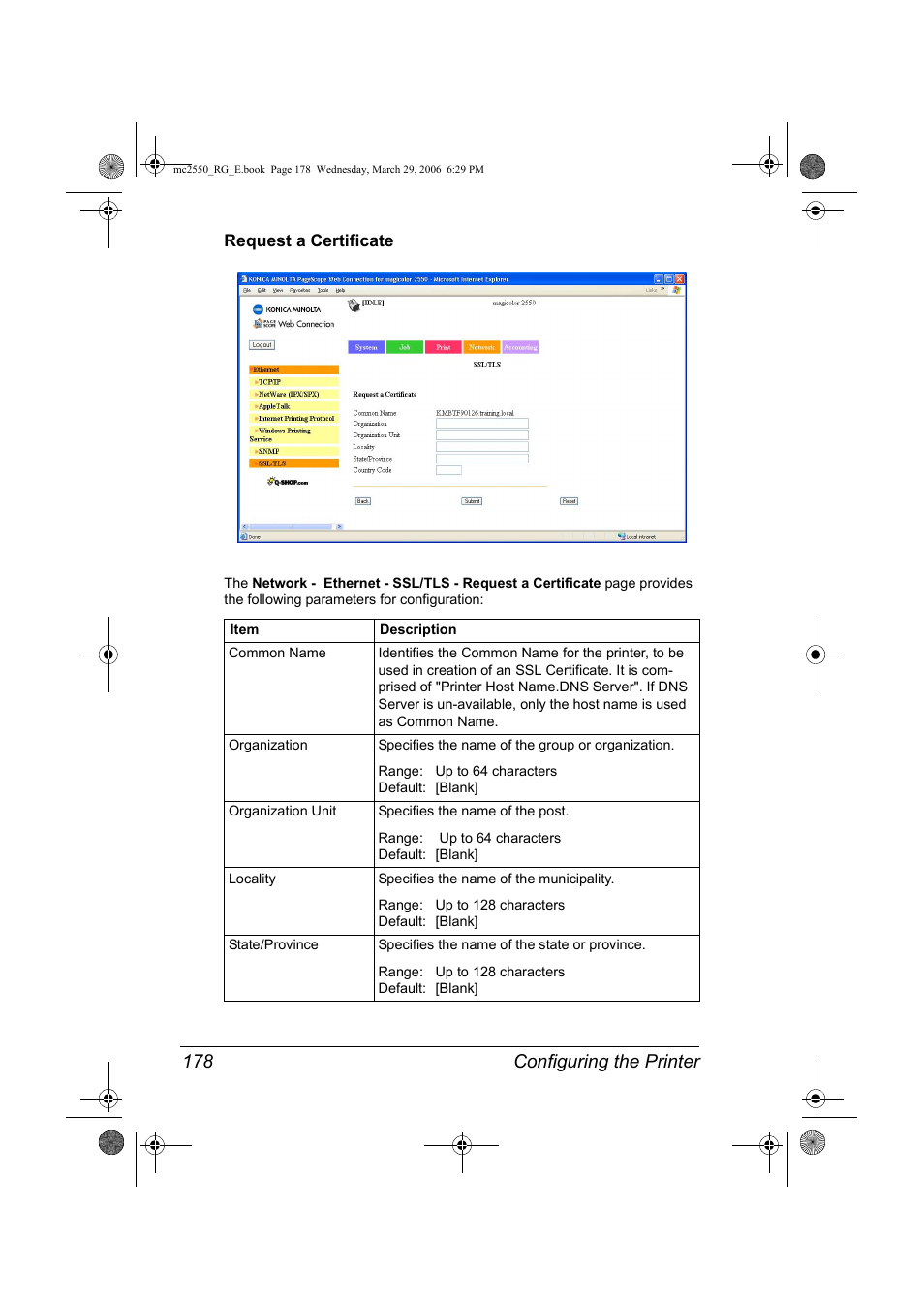 Request a certificate, Request a certificate 178, Configuring the printer 178 | Konica Minolta Magicolor 2550DN User Manual | Page 194 / 210