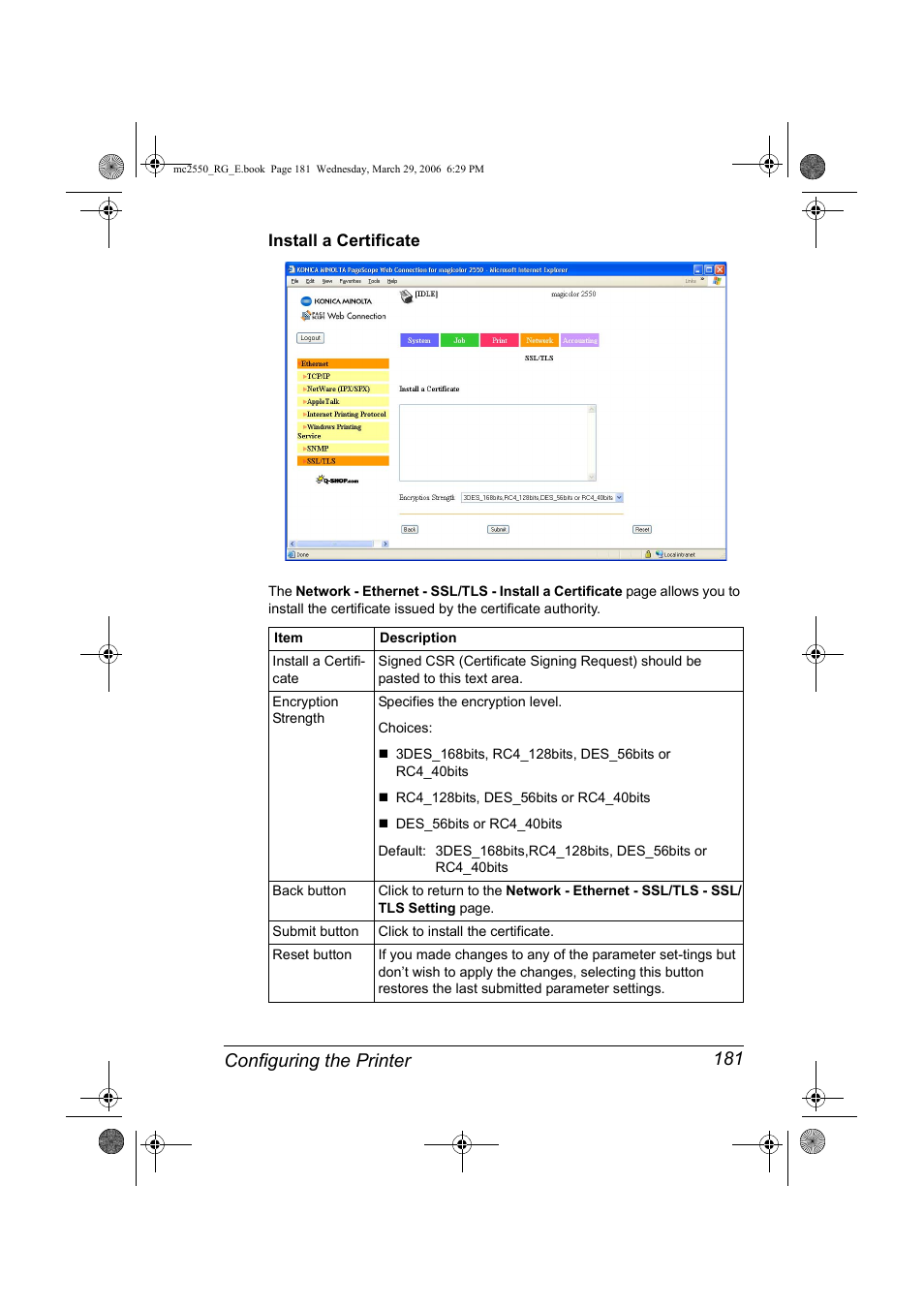 Install a certificate, Install a certificate 181, Configuring the printer 181 | Konica Minolta Magicolor 2550DN User Manual | Page 197 / 210