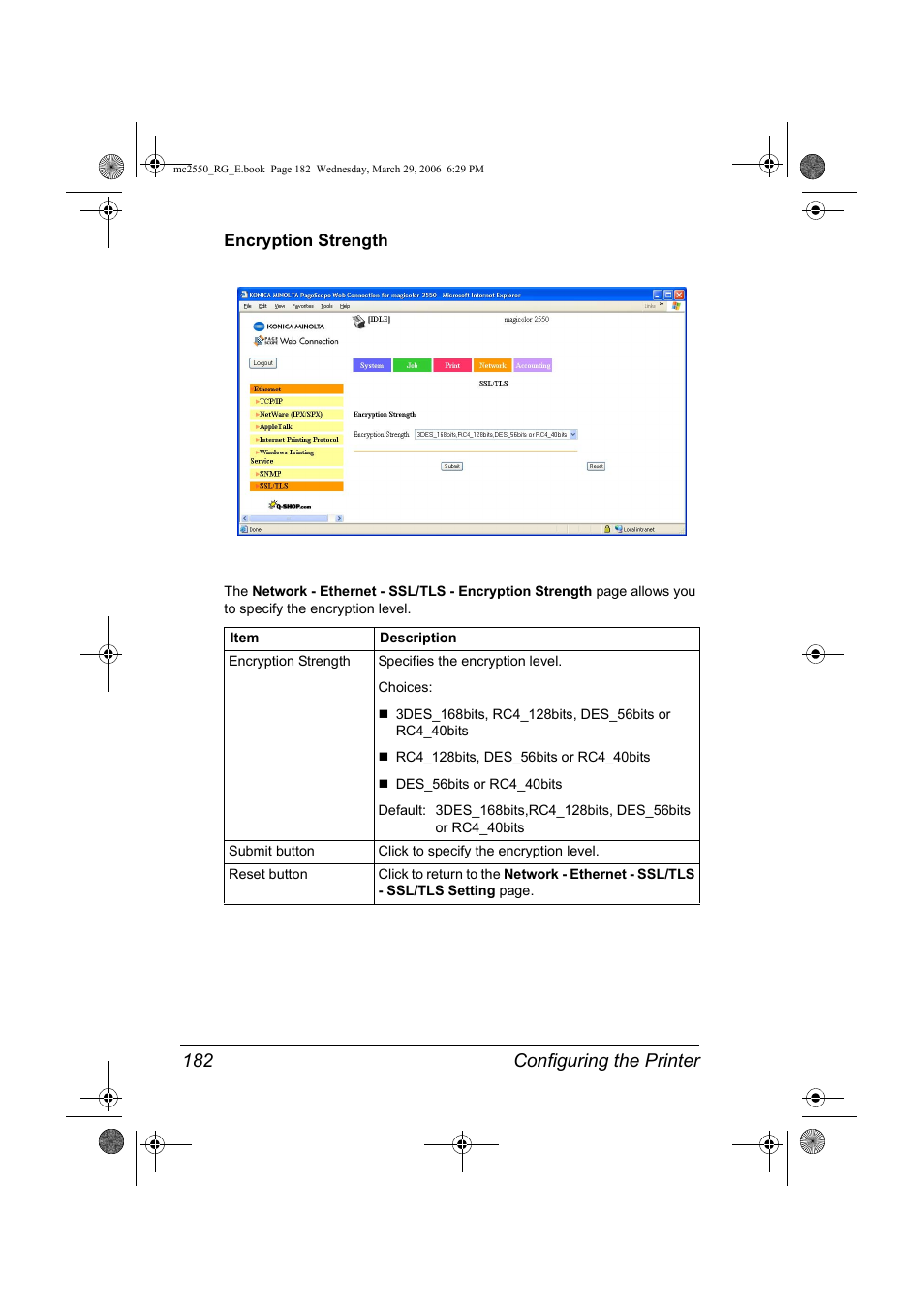 Encryption strength, Encryption strength 182, Configuring the printer 182 | Konica Minolta Magicolor 2550DN User Manual | Page 198 / 210