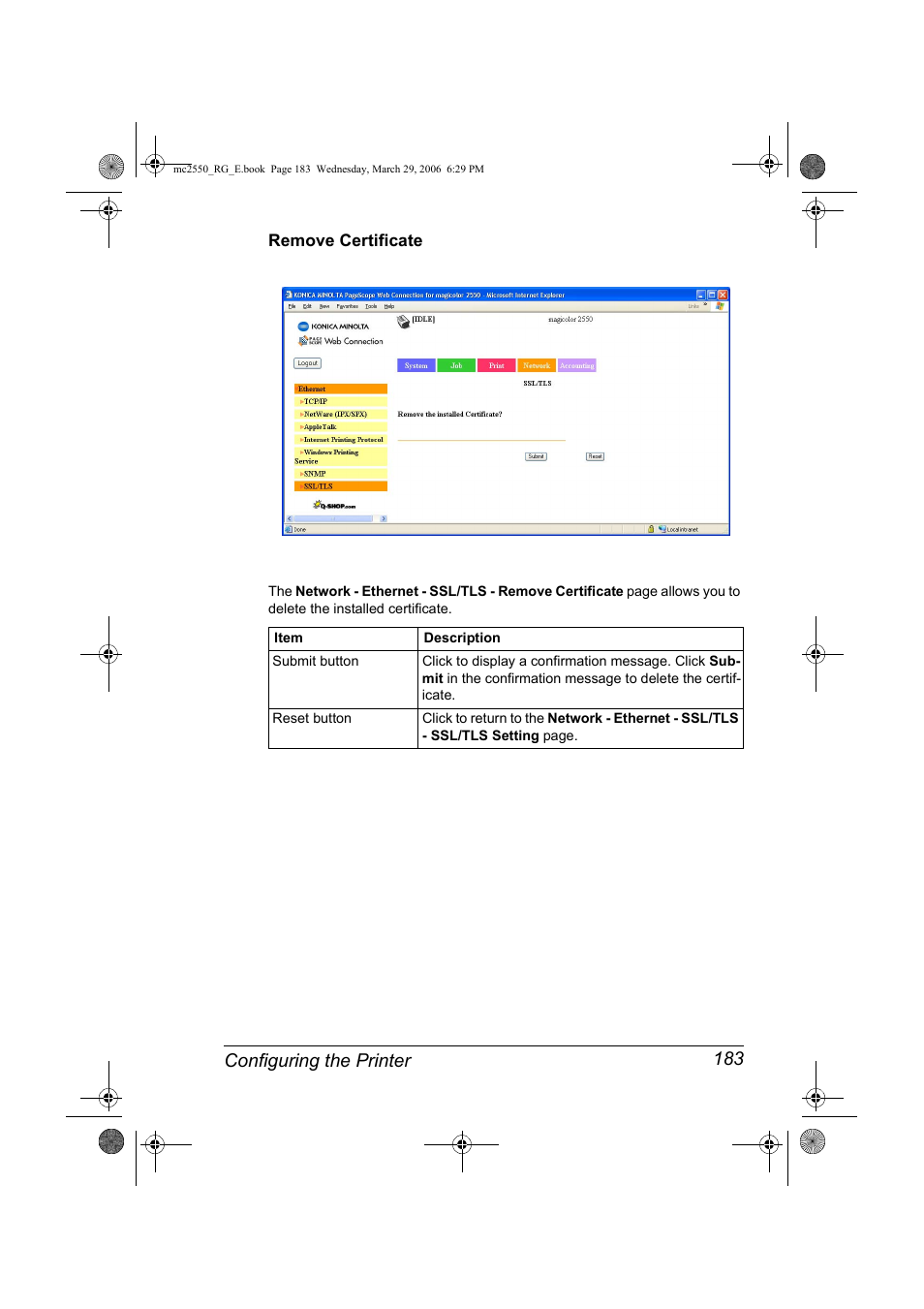 Remove certificate, Remove certificate 183, Configuring the printer 183 | Konica Minolta Magicolor 2550DN User Manual | Page 199 / 210