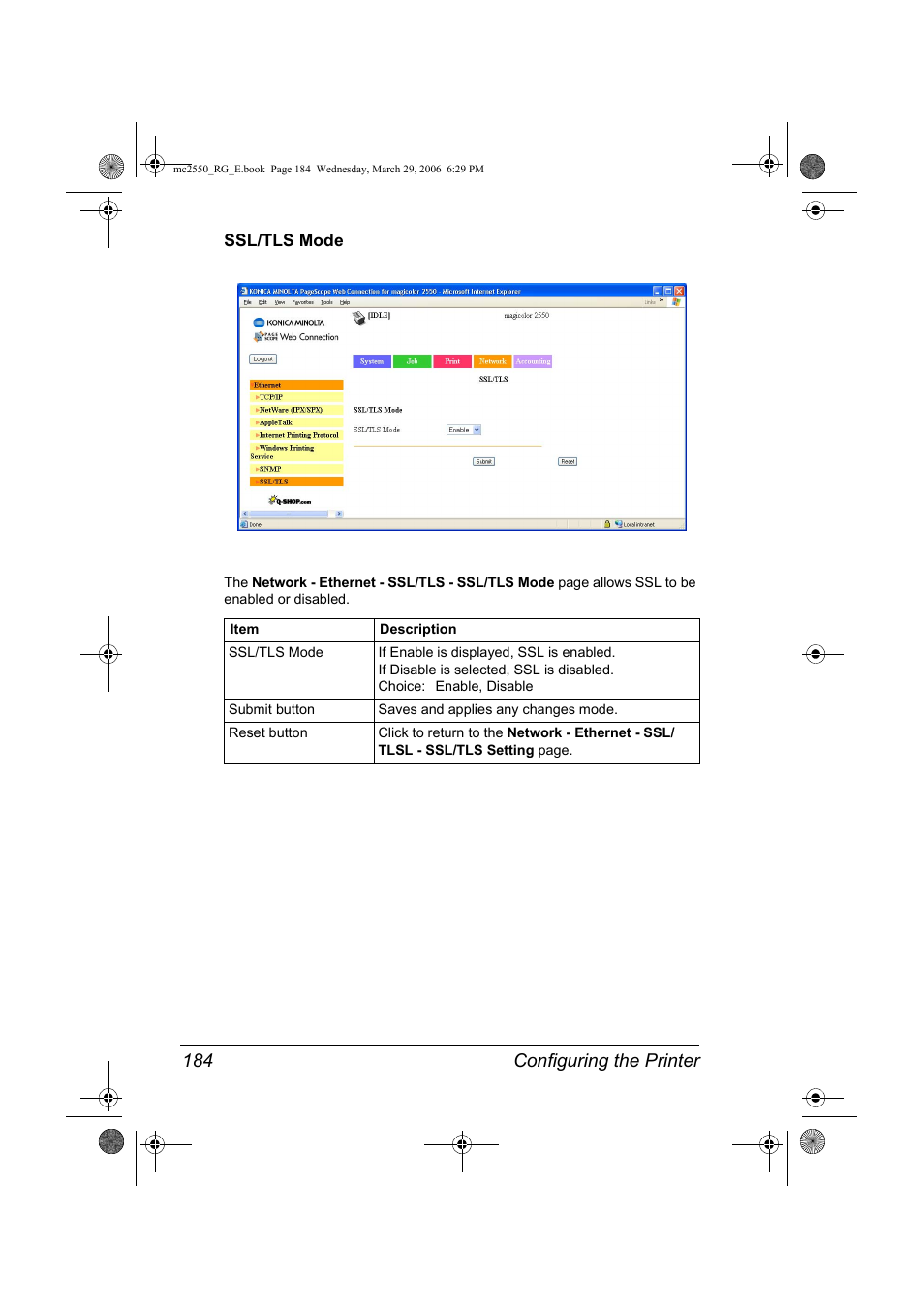 Ssl/tls mode, Ssl/tls mode 184, Configuring the printer 184 | Konica Minolta Magicolor 2550DN User Manual | Page 200 / 210