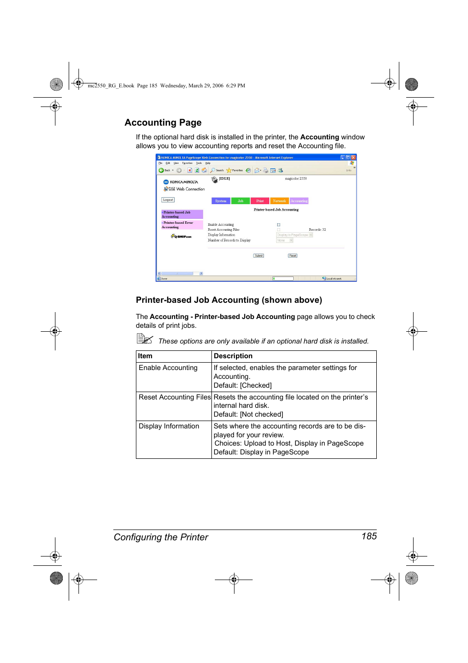 Printer-based job accounting (shown above), Printer-based job accounting (shown above) 185, Configuring the printer 185 accounting page | Konica Minolta Magicolor 2550DN User Manual | Page 201 / 210