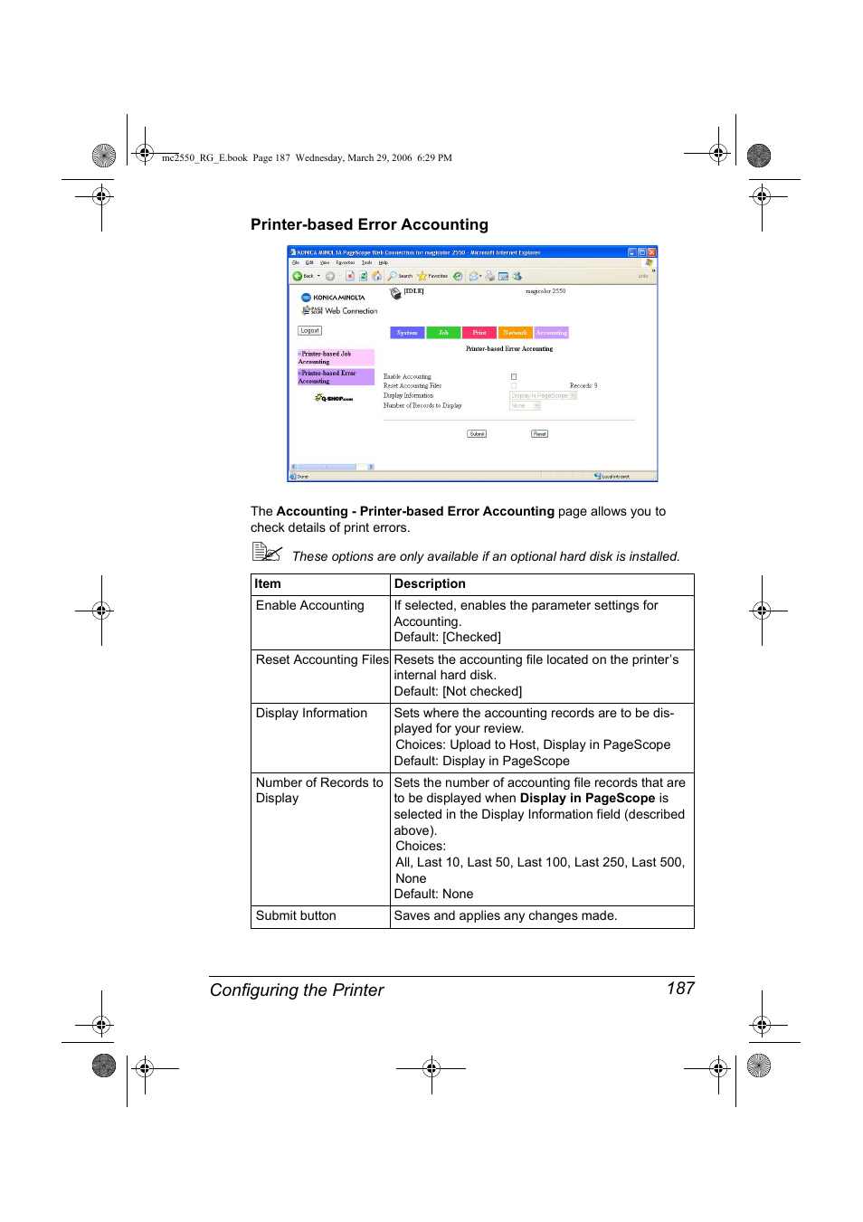 Printer-based error accounting, Printer-based error accounting 187, Configuring the printer 187 | Konica Minolta Magicolor 2550DN User Manual | Page 203 / 210