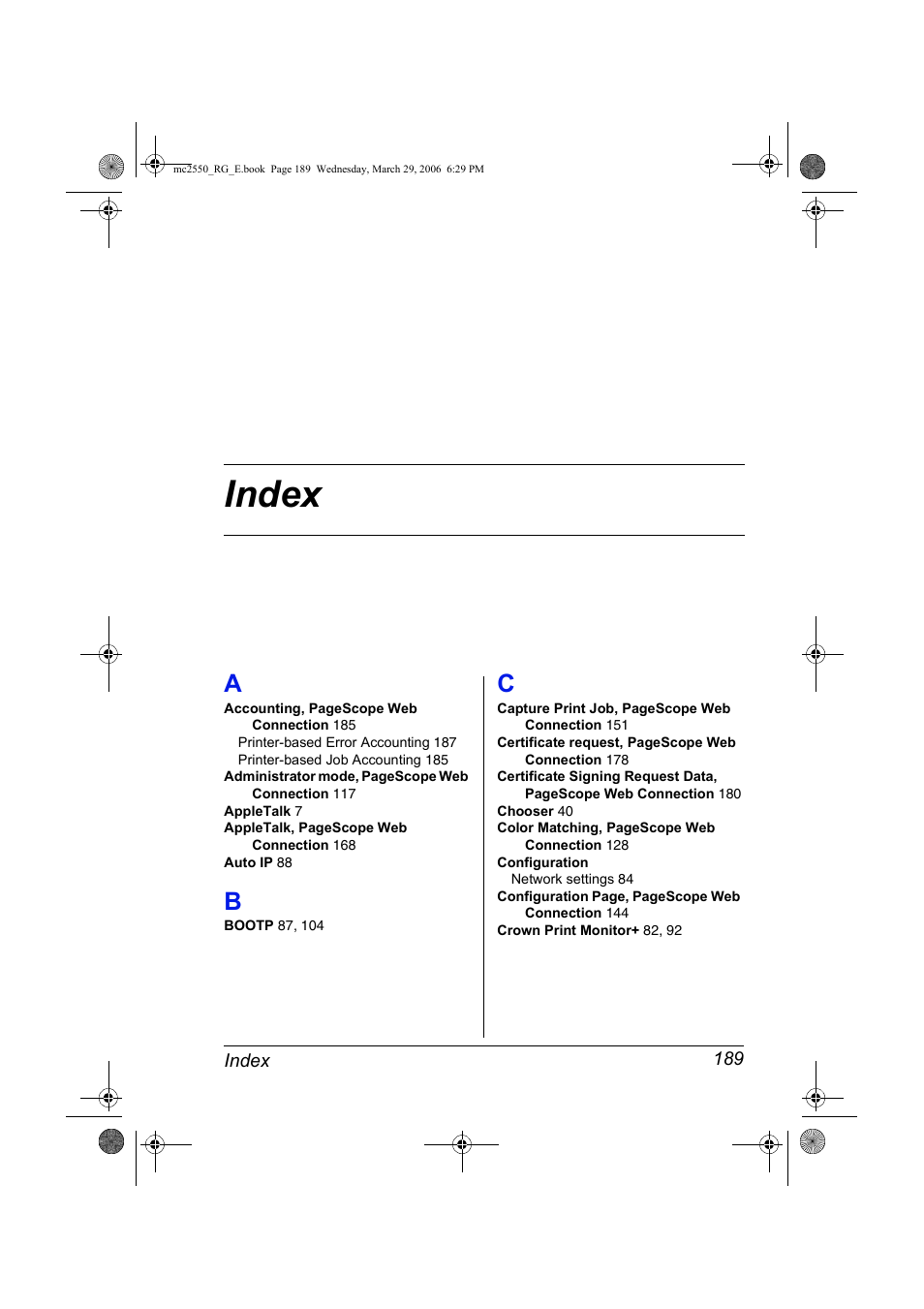 Index, A to c | Konica Minolta Magicolor 2550DN User Manual | Page 205 / 210