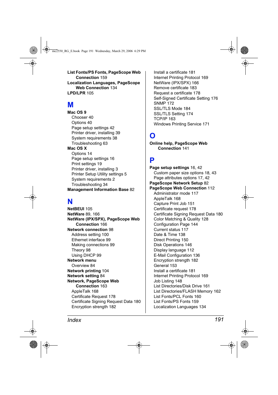 M to p, Index 191 | Konica Minolta Magicolor 2550DN User Manual | Page 207 / 210